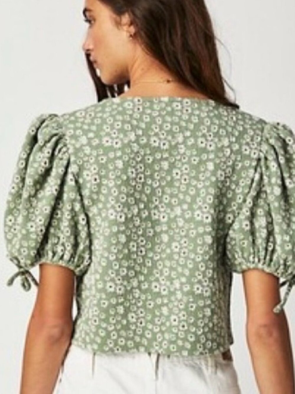 Free People Sweet Sun cropped tie front puff sleeve floral green spring top